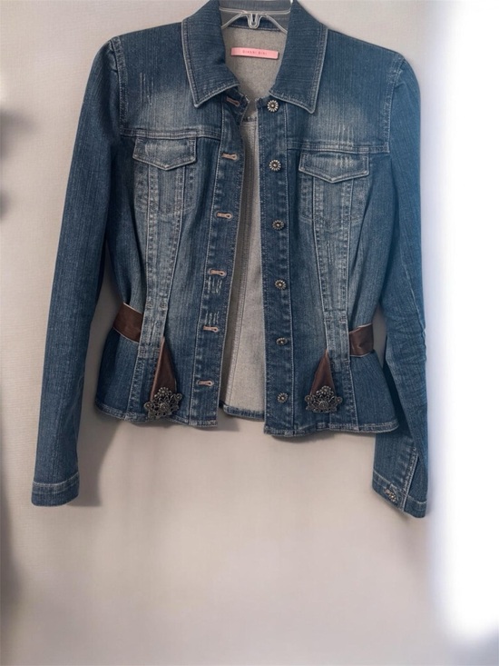 Gianni Bini Jackets & Blazers - Gianni Bini Blue Denim Jacket with Brown Trim and Embellished Buttons